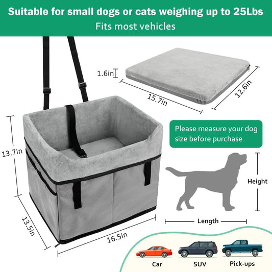 Vivifying Dog Car Seats for Small Dogs, Portable Dog Booster Car Seat with Storage Pockets and Safety Belt, Comfortable Travel Bed for Small Pets Up to 25lbs (Gray)