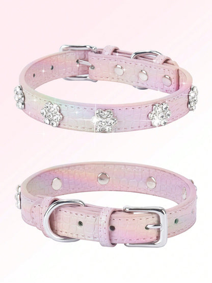 Sparkling Rhinestone Flower Dog Collar, Gradient Colorful Style, Luxurious And Flashy, Adjustable