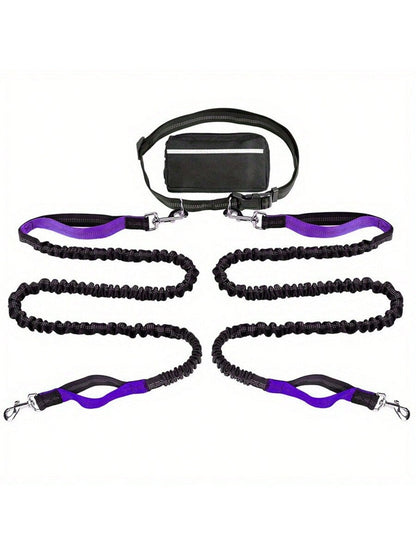 Extendable Dual-Leash Pet Dog Lead, Reflective Sports Waist Pack Leash, Adjustable Waistband, Outdoor Training Running Dog Harness
