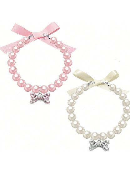 Dog Cat Pearl Collar Necklace With Rhinestone Bone, Fancy Cat Wedding Collar Jewelry For Girl Cat Puppy Dogs Accessories