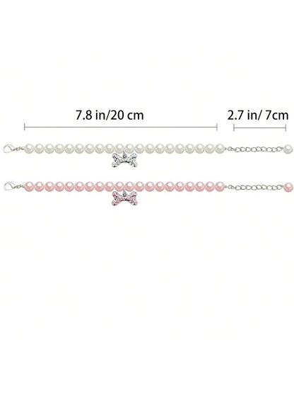 Dog Cat Pearl Collar Necklace With Rhinestone Bone, Fancy Cat Wedding Collar Jewelry For Girl Cat Puppy Dogs Accessories