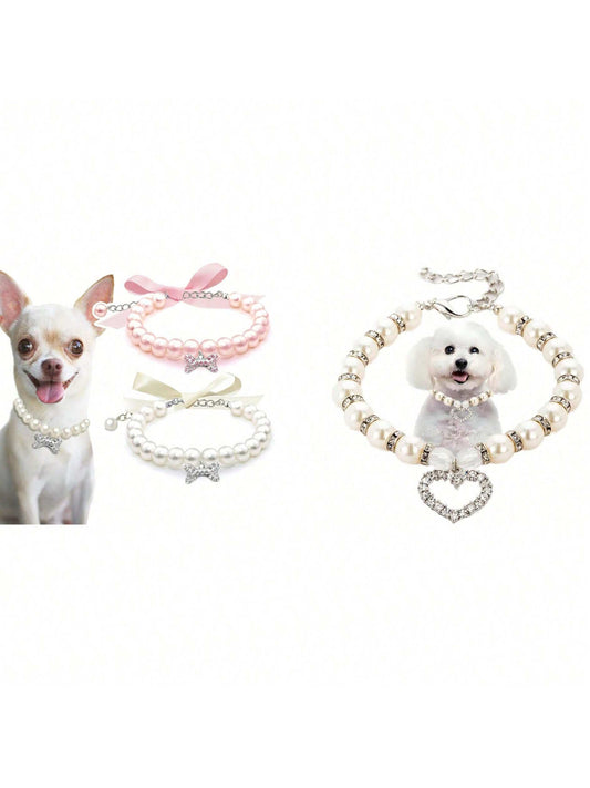 Dog Cat Pearl Collar Necklace With Rhinestone Bone, Fancy Cat Wedding Collar Jewelry For Girl Cat Puppy Dogs Accessories