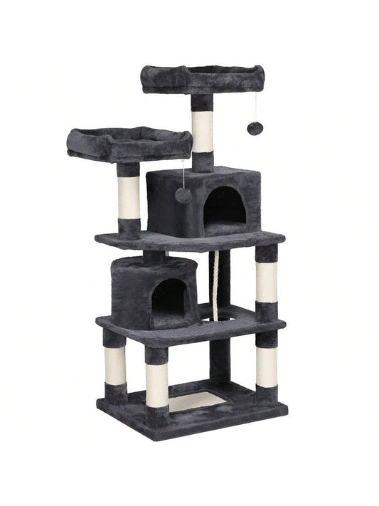 62.5" Tall Double Condo Cat Tree And Scratching Post Tower, Dark Gray
