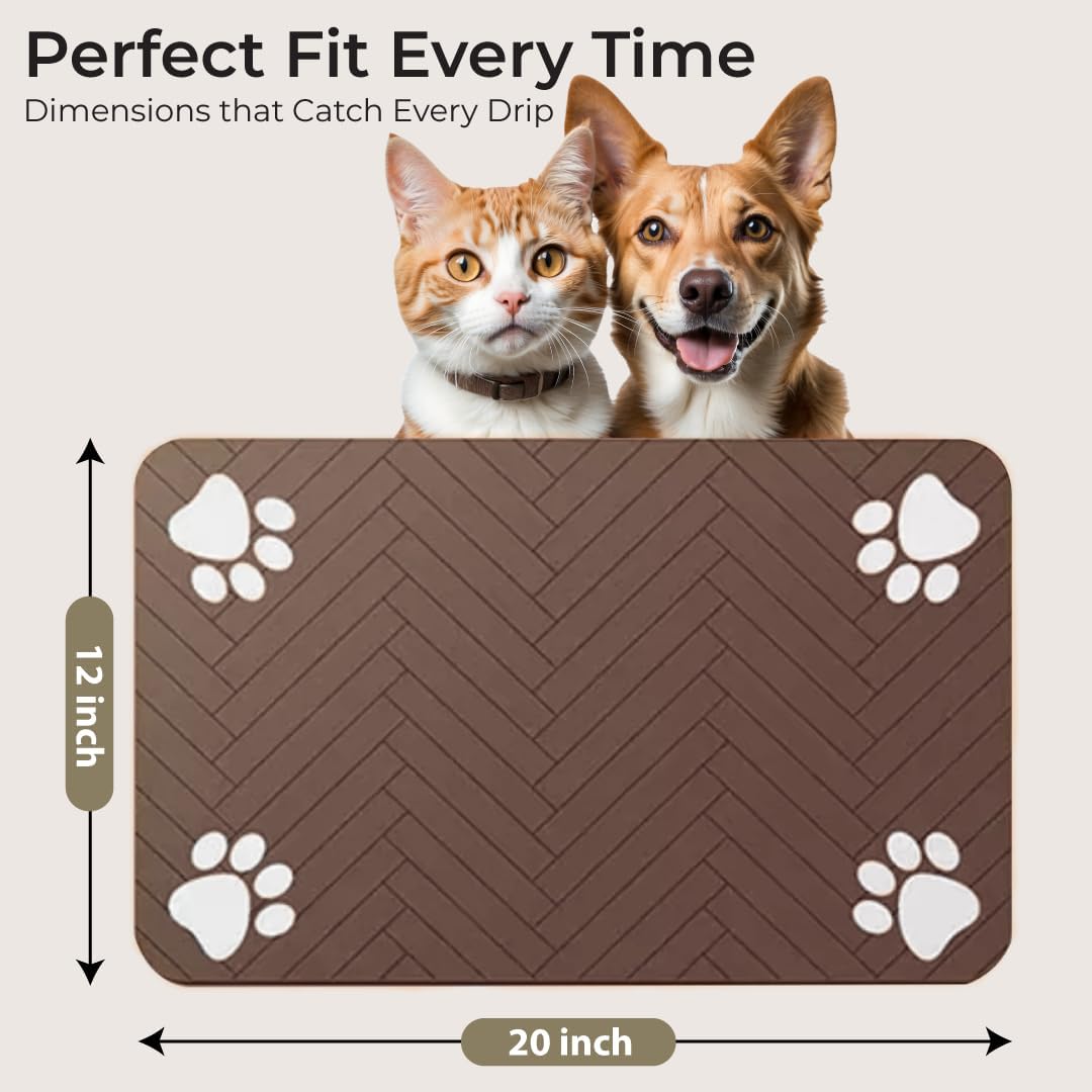 Pet Feeding Mat for Dogs and Cats – Absorbent Pet Placemat with Waterproof Non-Slip Rubber Backing – Quick Dry Food and Water Bowl Mat, Easy to Clean Floor Protector for Pets (12"x20", Dark Brown)