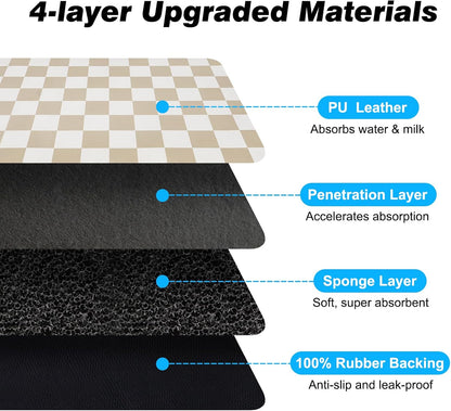 Checkered Dog Food Mat, Absorbent Leak-Proof Pet Feeding Mat, Quick Dry Cat Food Mat for Messy Drinkers 12" x 20" Khaki