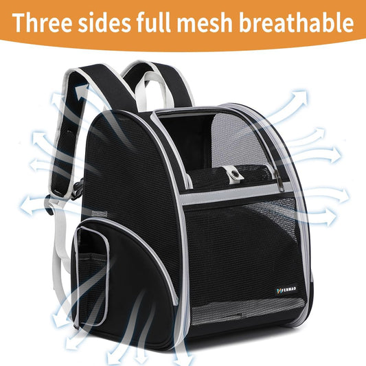 Cat Backpack Carrier for Small Dogs and Medium cat Puppy Kitten Bunny Pet Carrier Backpack Collapsible with Fully Ventilated Mesh with Safety Leash (Black, 12.9" L x 10.62" W x 15.5" H - M)