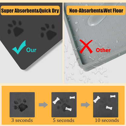 18"×30" Dog Food Mat-Absorbent Dog Mat for Food and Water, No Stains Quick Dry Cat Food Bowl Mat with Footprints for Messy Drinkers,Dark Grey
