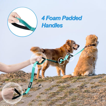 PetBonus Double Dog Leash, No Tangle Dual Leash, Reflective Walking Training Lead, 4 Comfortable Padded Handles for 2 Dogs with Collapsible Bowl and Waste Bags (Turquoise, Large)
