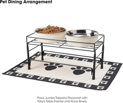 PetRageous 12049 Paws Jumbo Tapestry Dog and Cat Non-Skid Machine Washable Placemat for Pet Feeding Areas with Rubber Backing 18-Inch by 28-Inch for Dogs and Cats, Black and Natural (Pack of 2)