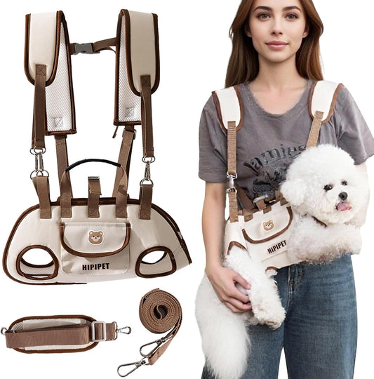 Dog Sling Backpack Carriers - Adjustable Pet Lift Harness Gear, Breathable Dogs Carrying Lifting with Traction Leash Shoulder Straps and Treat Bag for Cats Walking Hiking Travel (S, 4-8lbs)