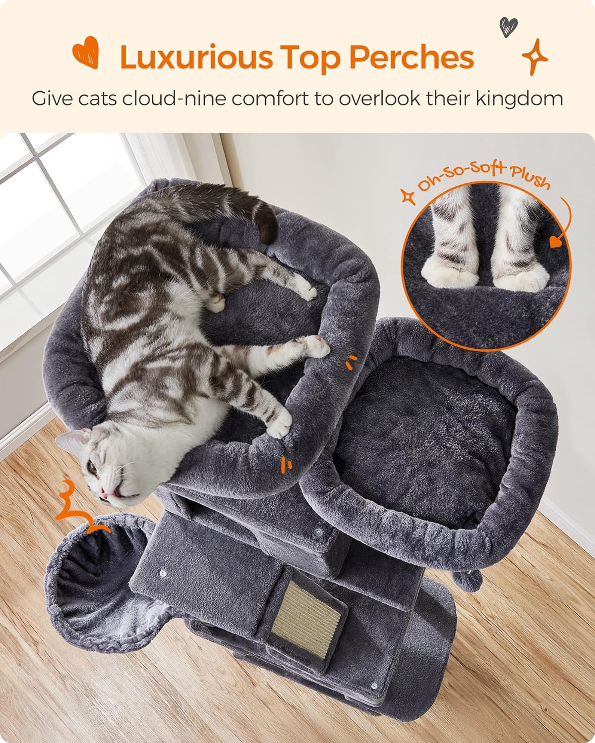 Feandrea Cat Tree, 81.1-Inch Large Cat Tower with 13 Scratching Posts, 2 Perches, 2 Caves, Basket, Hammock, Pompoms, Multi-Level Plush Cat Condo for Indoor Cats, Smoky Gray UPCT190G01
