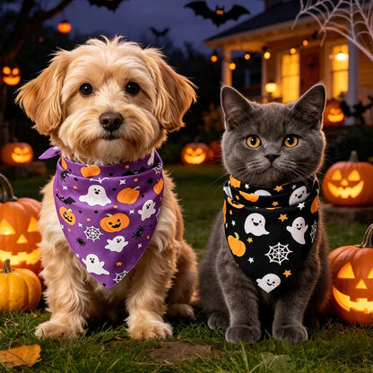2pcs Halloween Pet Bandanas 63x43cm Ghost Pumpkin Print Triangle Scarf Peach Skin Fabric Pet Neckerchief Halloween Dog Costume