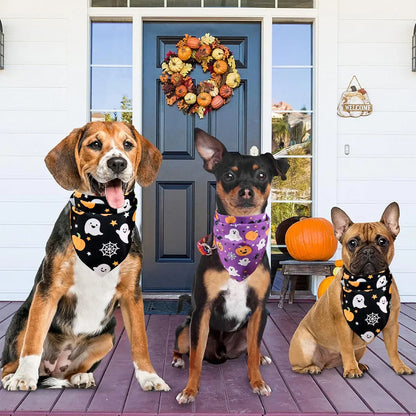 2pcs Halloween Pet Bandanas 63x43cm Ghost Pumpkin Print Triangle Scarf Peach Skin Fabric Pet Neckerchief Halloween Dog Costume