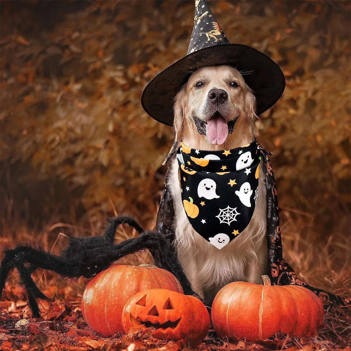 2pcs Halloween Pet Bandanas 63x43cm Ghost Pumpkin Print Triangle Scarf Peach Skin Fabric Pet Neckerchief Halloween Dog Costume
