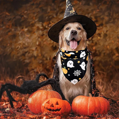 2pcs Halloween Pet Bandanas 63x43cm Ghost Pumpkin Print Triangle Scarf Peach Skin Fabric Pet Neckerchief Halloween Dog Costume