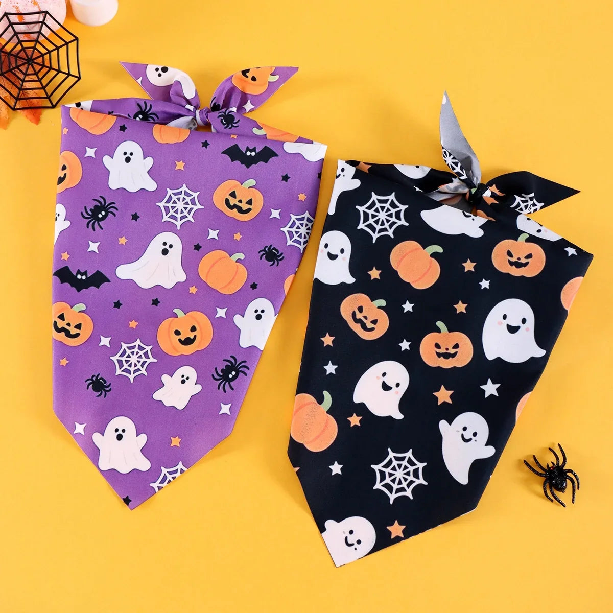 2pcs Halloween Pet Bandanas 63x43cm Ghost Pumpkin Print Triangle Scarf Peach Skin Fabric Pet Neckerchief Halloween Dog Costume