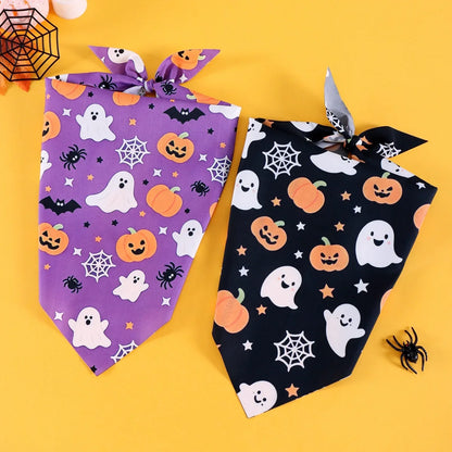 2pcs Halloween Pet Bandanas 63x43cm Ghost Pumpkin Print Triangle Scarf Peach Skin Fabric Pet Neckerchief Halloween Dog Costume