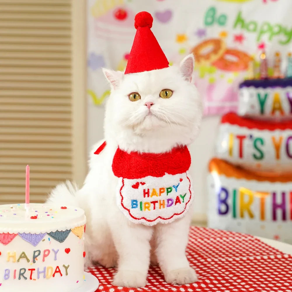 2025 Pet Birthday Hat Scarf Set Adjustable, Cat/Dog Birthday Supplies Mini Pet Saliva Towel Cat/Dog Supplies
