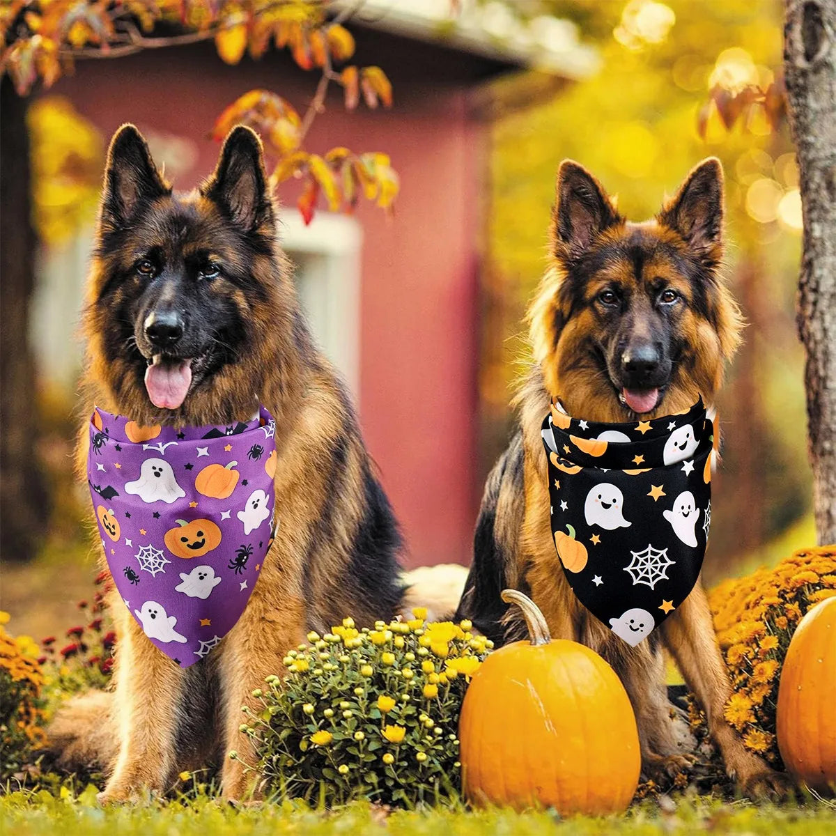 2pcs Halloween Pet Bandanas 63x43cm Ghost Pumpkin Print Triangle Scarf Peach Skin Fabric Pet Neckerchief Halloween Dog Costume