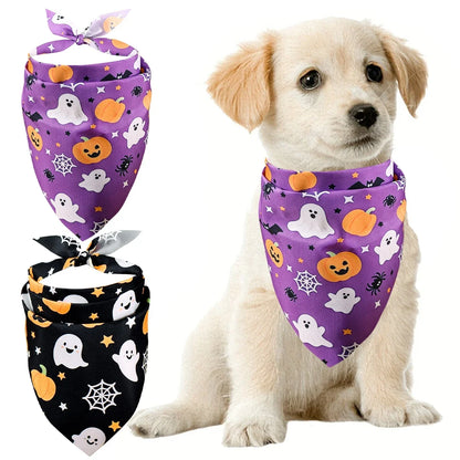 2pcs Halloween Pet Bandanas 63x43cm Ghost Pumpkin Print Triangle Scarf Peach Skin Fabric Pet Neckerchief Halloween Dog Costume