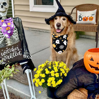 2pcs Halloween Pet Bandanas 63x43cm Ghost Pumpkin Print Triangle Scarf Peach Skin Fabric Pet Neckerchief Halloween Dog Costume
