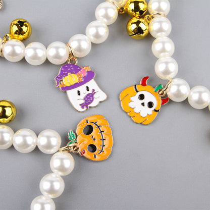 3pcs Pearl Necklace For Pets Halloween Decoration Cat Necklace Puppy Dog Bell Neck Ornament